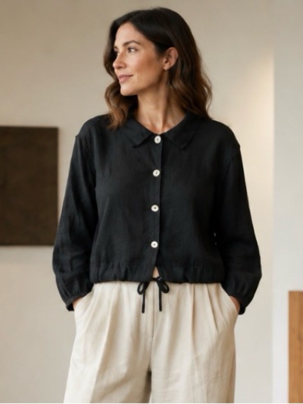 Bryn Walker Black Linen Cropped Drawstring Shirt Jacket Size L Made in USA